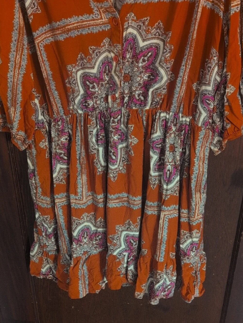 Rust Paisley Button-Front Boho Dress